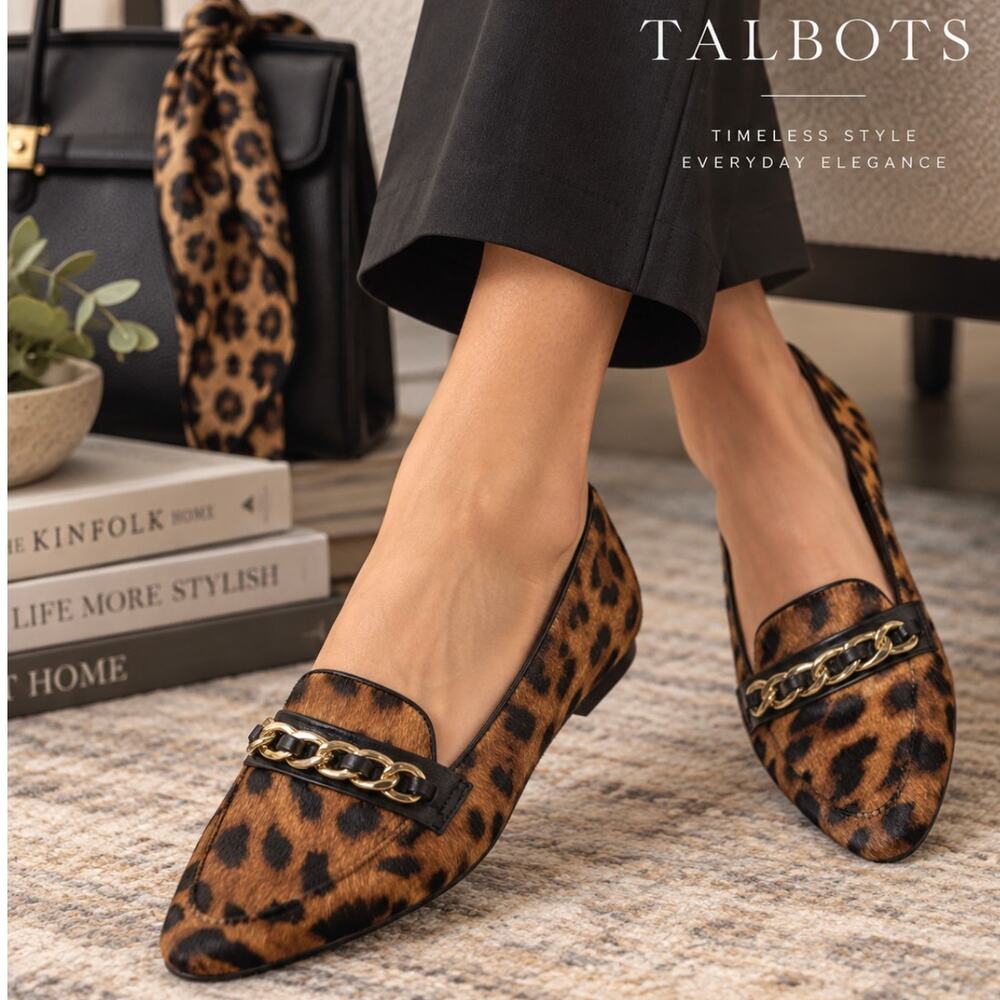 Talbots Leopard Calf Hair Loafers Leather Gold Chain Animal Print Flats Size 8.5